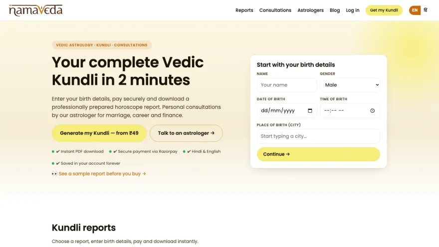 Nama Veda Kundli interface